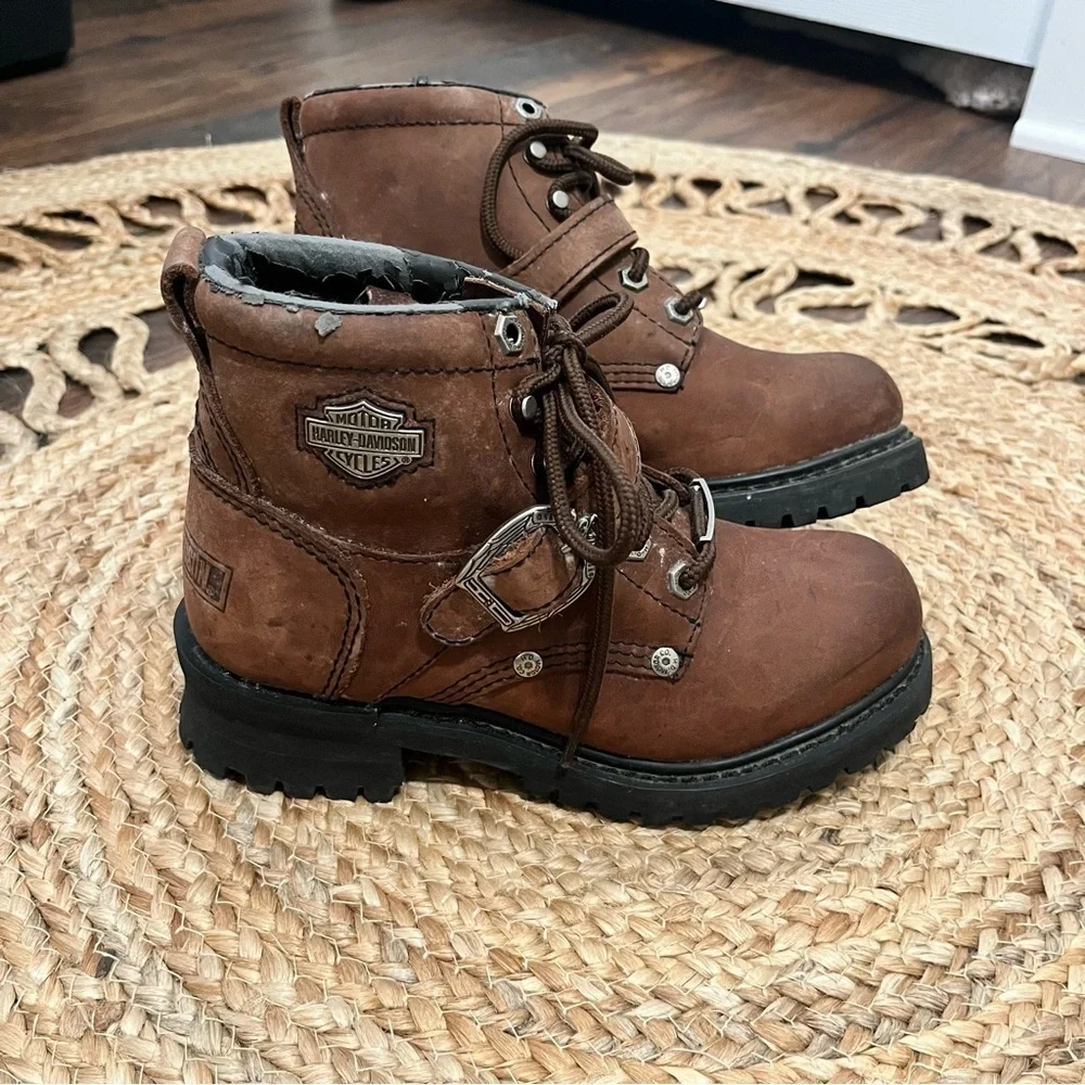 Harley Davidson 81025 Boots Lace Up Brown Leather Motorcycle Buckle Size 6